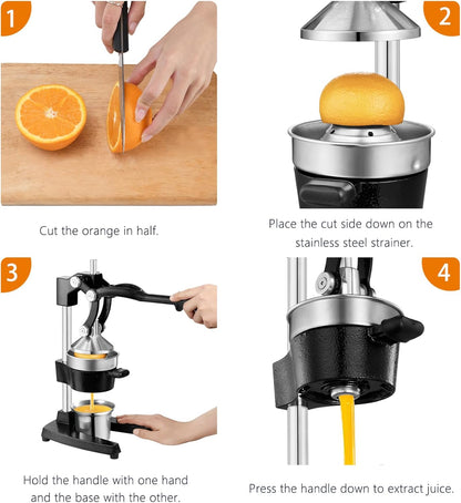 TONGCHANT Manual Juicer, Heavy Duty Cast Iron Juicer | Hand Press Juicer for Orange Lemon Lime Pomegranate & Citrus Fruits, High Leverage for Easy Juicing, Stainless Steel Cup, Easy to Clean, Black