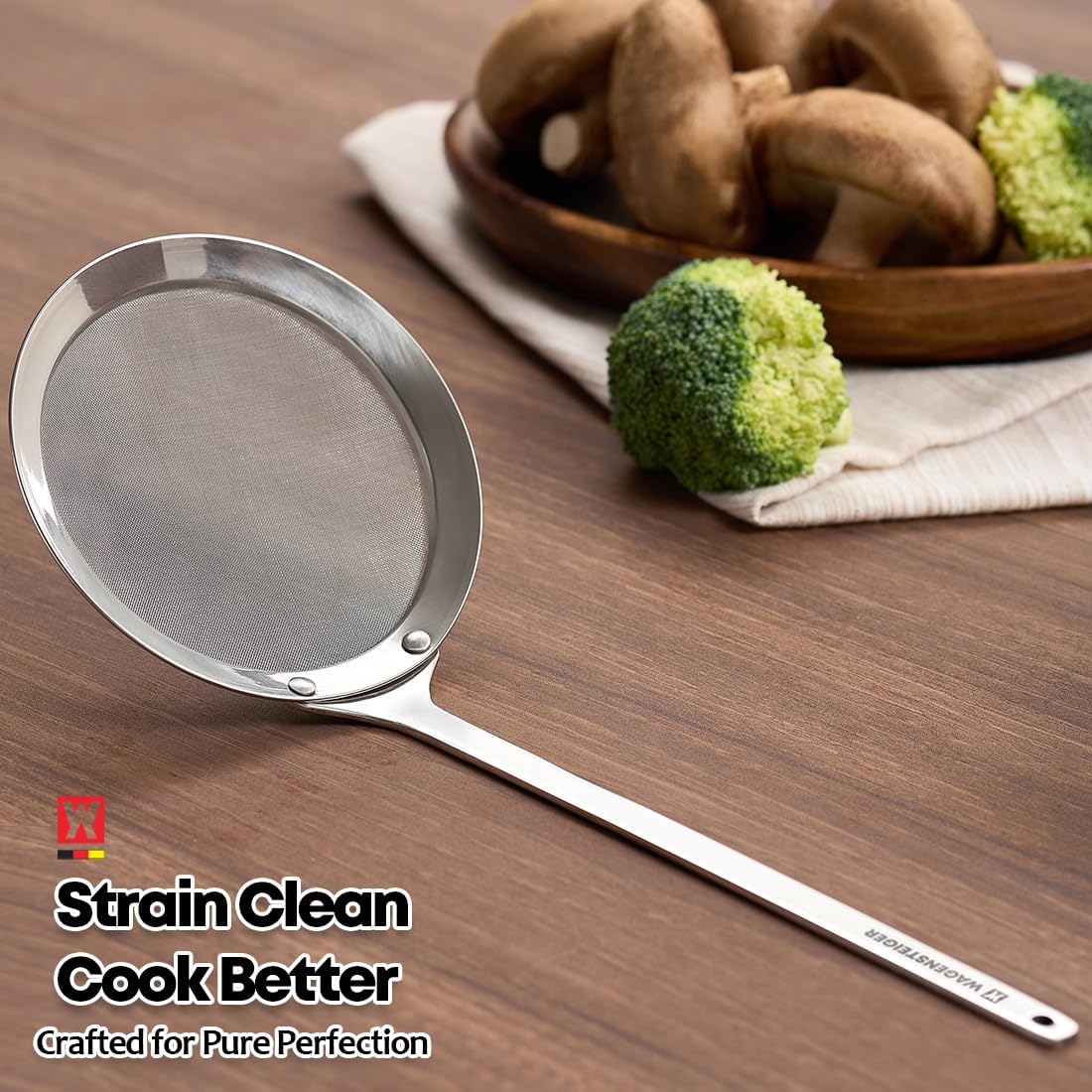 WAGENSTEIGER SUS304 Stainless Steel Fine Mesh Skimmer, Long Handle Spider Strainer for Frying, Noodles, Eggs & Vegetables, Professional Kitchen Skimmer Ladle