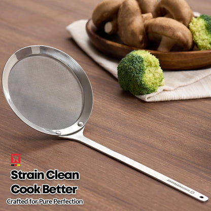 WAGENSTEIGER SUS304 Stainless Steel Fine Mesh Skimmer, Long Handle Spider Strainer for Frying, Noodles, Eggs & Vegetables, Professional Kitchen Skimmer Ladle