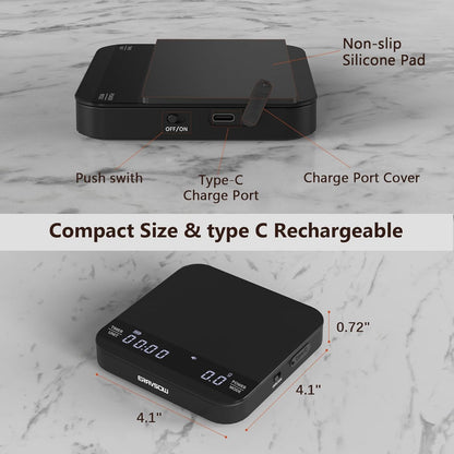 Coffee Scale with Auto Timing, Mini Rechargeable Espresso Scale with Timer, 2kg/0.1g High Precision Scale for Espresso and Pour-Over Coffee with Brewing Assist Modes