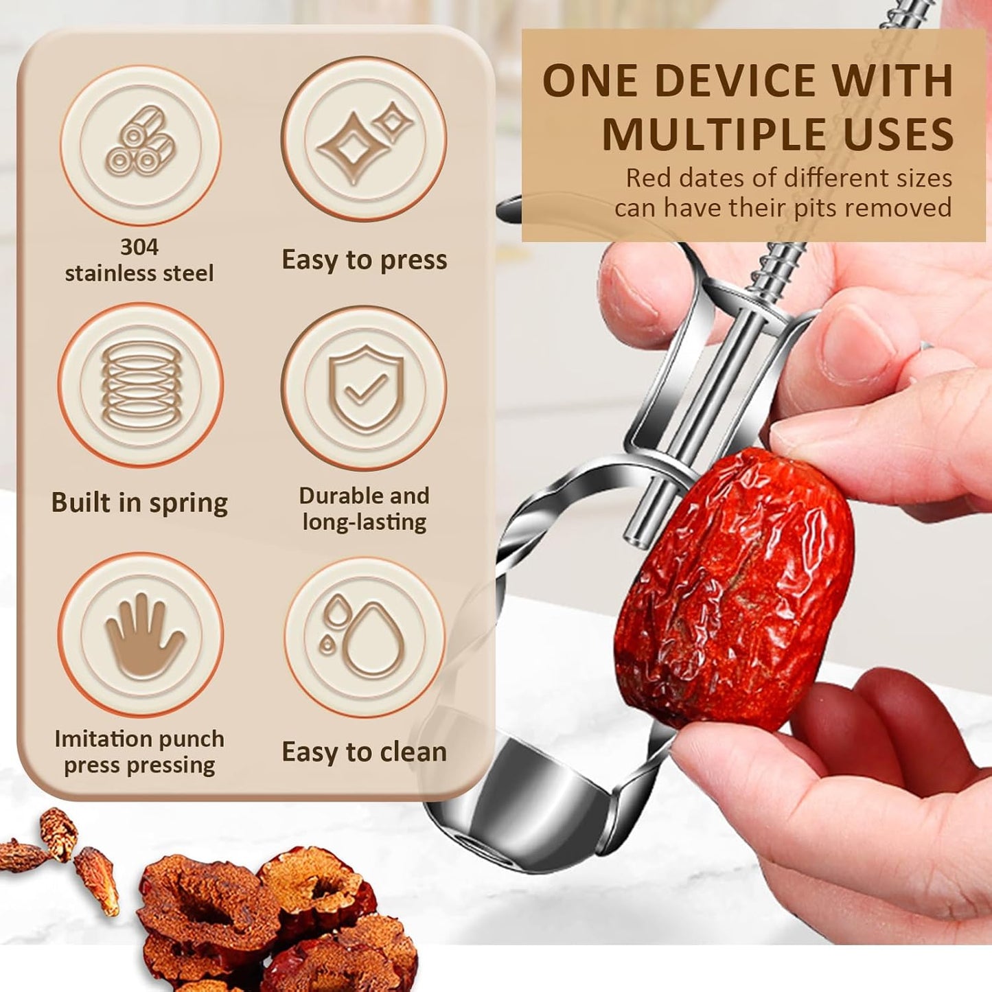 VolksRose Cherry Pitter Tool, Multi Stoner Fruit Remover with Stainless Steel Rod, Dates Pitting Device for Red Dates, Hawthorn, Cherries, Jujubes