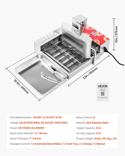VEVOR Donut Depositor, Large Capacity Manual Donuts Dropper, 304 Stainless Steel Commercial Batter Dispenser, 6 Thicknesses Adjustment Doughnut Hopper with Stand, For Restaurant Cafe Bakery Kitchen