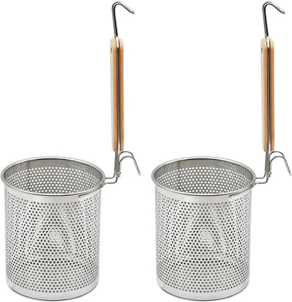 Stainless Steel Pasta Strainer, 2pcs Micro-Perforated Food Dumpling Noodle Strainer with Wood Handle Straining Noodles Pasta Baskets