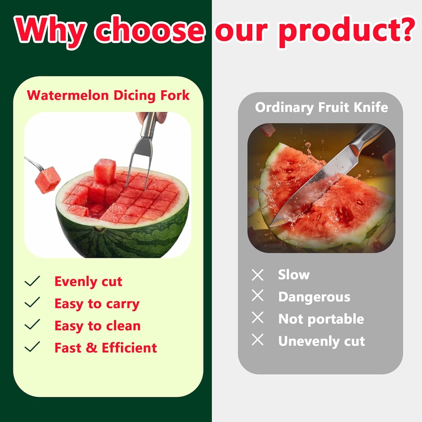 Watermelon Cutter, 2-in-1 Stainless Steel Fruit Cutter, Dual Head Watermelon Fork Slicer Tool, Summer Fruit Cutting Kitchen Gadget for Home (Round-2PCS)