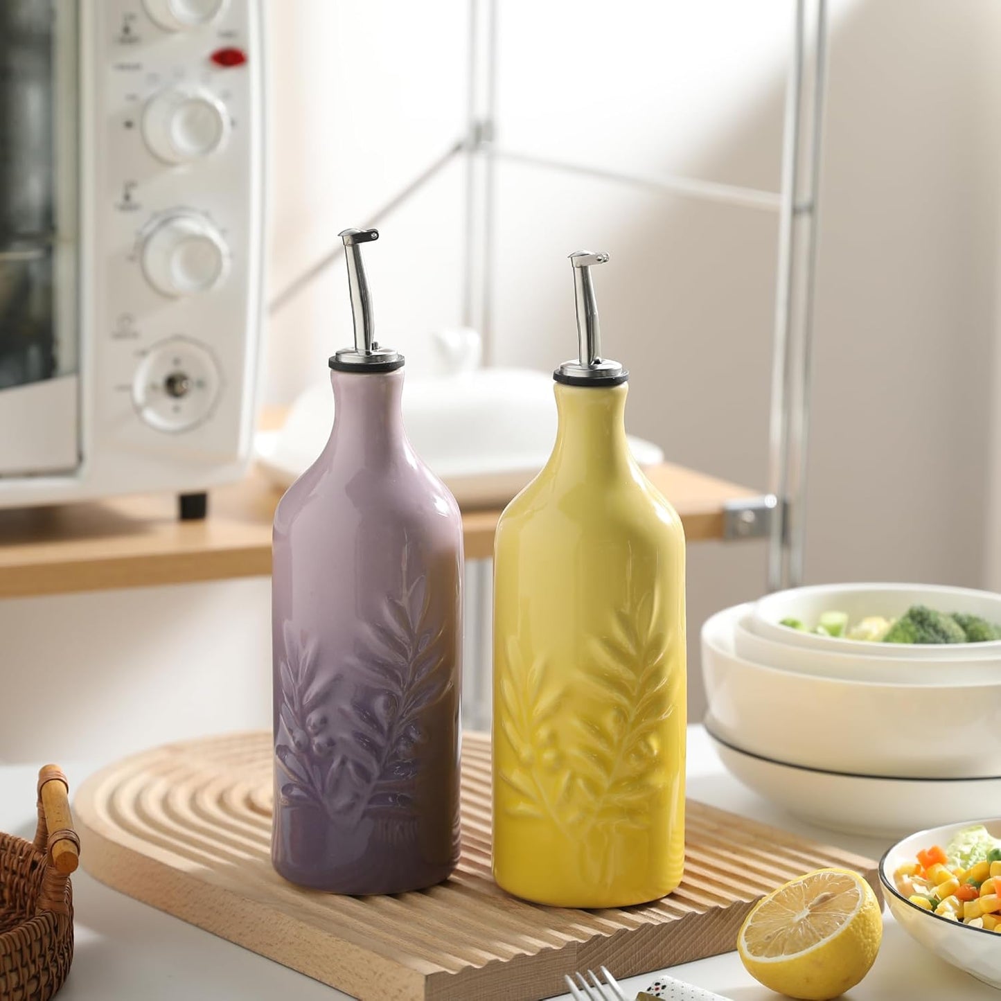 Sweejar Ceramic Olive Oil Dispenser Bottle 20 Oz Relief Opaque Oil Cruet Protects To Reduce Oxidation Suitable for Storage Vinegar, Soy Sauce, Coffee Syrup, Liquids, Set of 1 (Beige Gold Spout)
