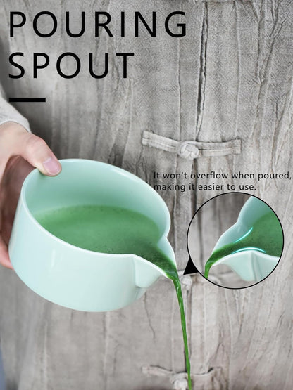 Artcome 4 Pcs Complete Matcha Ceremony Kit - Japanese Bowl With Pouring Spout, Whisk, Holder, Scoop - Tea Set for Making Usucha, Koicha and Latte (Green)