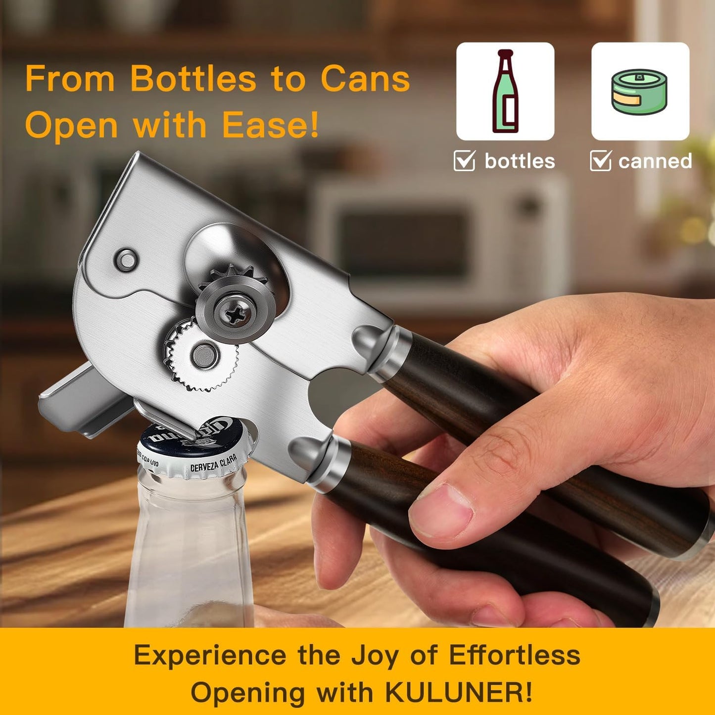 Upgraded Efficient Manual Can Opener - Selected Solid Wood Handle, Sharp and Smooth Blade Edge, Portable Design, Easy-Open Large Knob, Versatile for Various Bottle Caps（Rosewood）