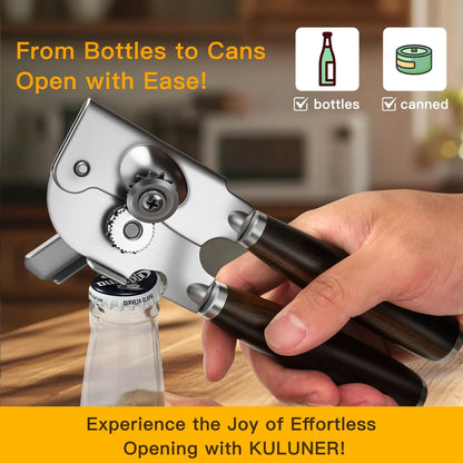 Upgraded Efficient Manual Can Opener - Selected Solid Wood Handle, Sharp and Smooth Blade Edge, Portable Design, Easy-Open Large Knob, Versatile for Various Bottle Caps（Rosewood）