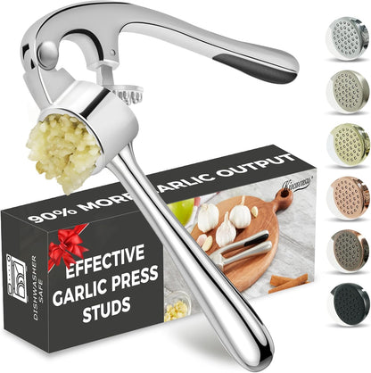 Kitessensu High Effective Garlic Press With Studs, Heavy Duty Garlic Mincer, Easy to Squeeze and Clean, Rust Proof, Ginger Crusher- Imperial Silver