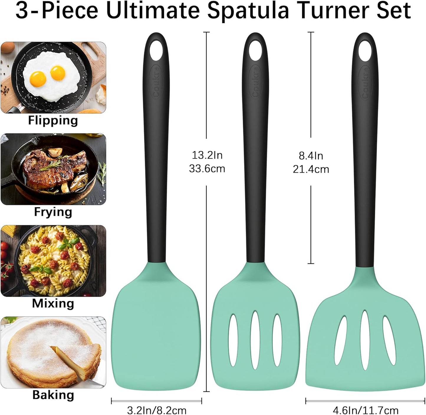 Coukre 3 Pack Silicone Spatula Set, High Heat Resistant, BPA-Free, Fish Spatula, Solid & Slotted Turner for Non-Stick Pans, Flipping Eggs, Pancakes, Fish, Burgers (3, PureBlack)