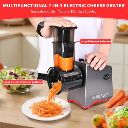 Electric Cheese Grater, 250W Electric Professional Salad Maker & Vegetable Slicer Shredder, 7-in-1 Electric Food Graters Machine with Widened Feeding Port for Block Cheese, Vegetables & Fruits