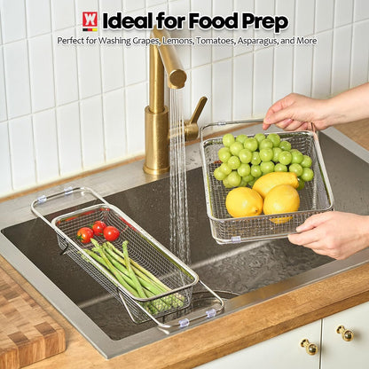 WAGENSTEIGER Extendable Dish Rack with Feet, Vegetable Colander Basket, Stainless Steel Dish or Silverware Drying Rack, Ultimate Kitchen Organizer Over the Sink (12.40 x 5.12 x 2.36 Inches)