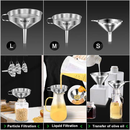 Stainless Steel Funnel, Walfos 3 Pack Kitchen Funnel with 2 Removable Strainer ＆ 1Pcs Cleaning Brush, Perfect for Transferring of Liquid, Oils, Jam, Dry Ingredients & Powder
