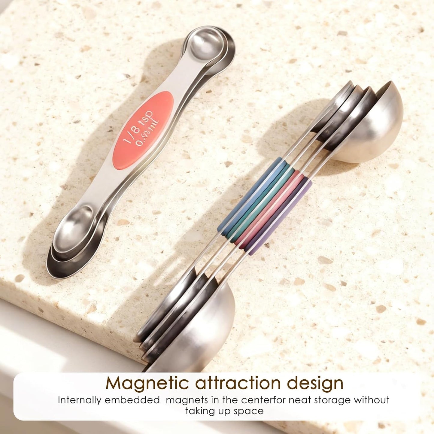 Stainless Steel Magnetic Measuring Spoons Set of 9 with Leveler,Dual Sided, Stackable, Adjustable Teaspoon and Tablespoon, Measuring Liquids and Dry Ingredients, Baking& Cooking Gadgest,Multicolor