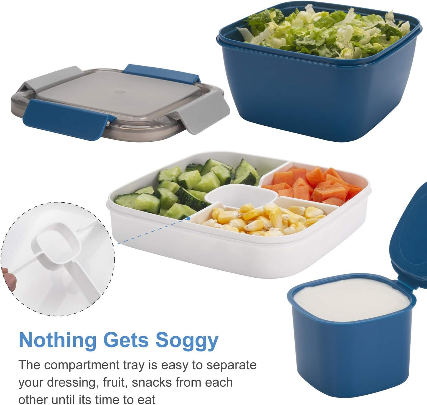 Freshmage Salad Lunch Container To Go, 52-oz Salad Bowls with 3 Compartments, Salad Dressings Container for Salad Toppings, Snacks, Men, Women (Blue)