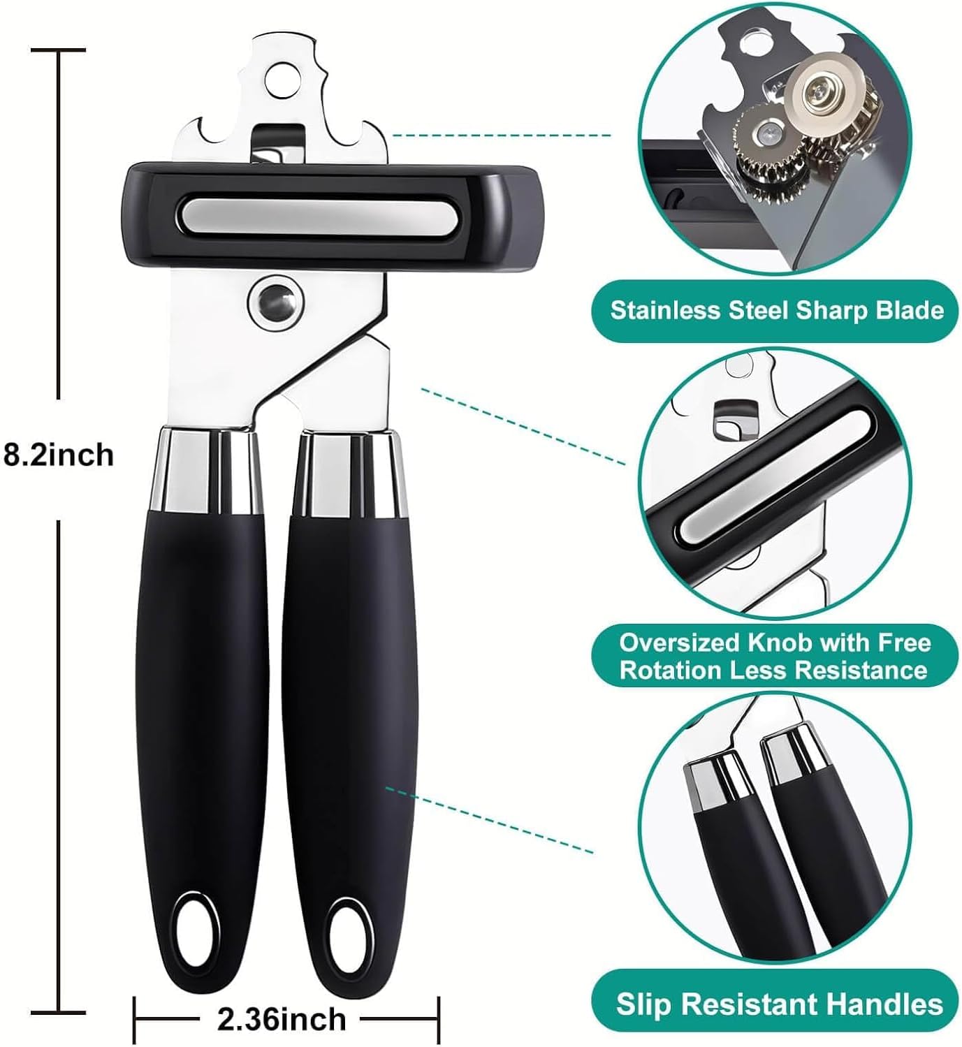 Multifunctional Stainless Steel Manual Can Opener and Bottle Opener, Heavy Duty Hand Held Can Opener with Easy Turn Knob, Sharp Blade Smooth Edge, Good Grips Kitchen Tool for Seniors (Black)