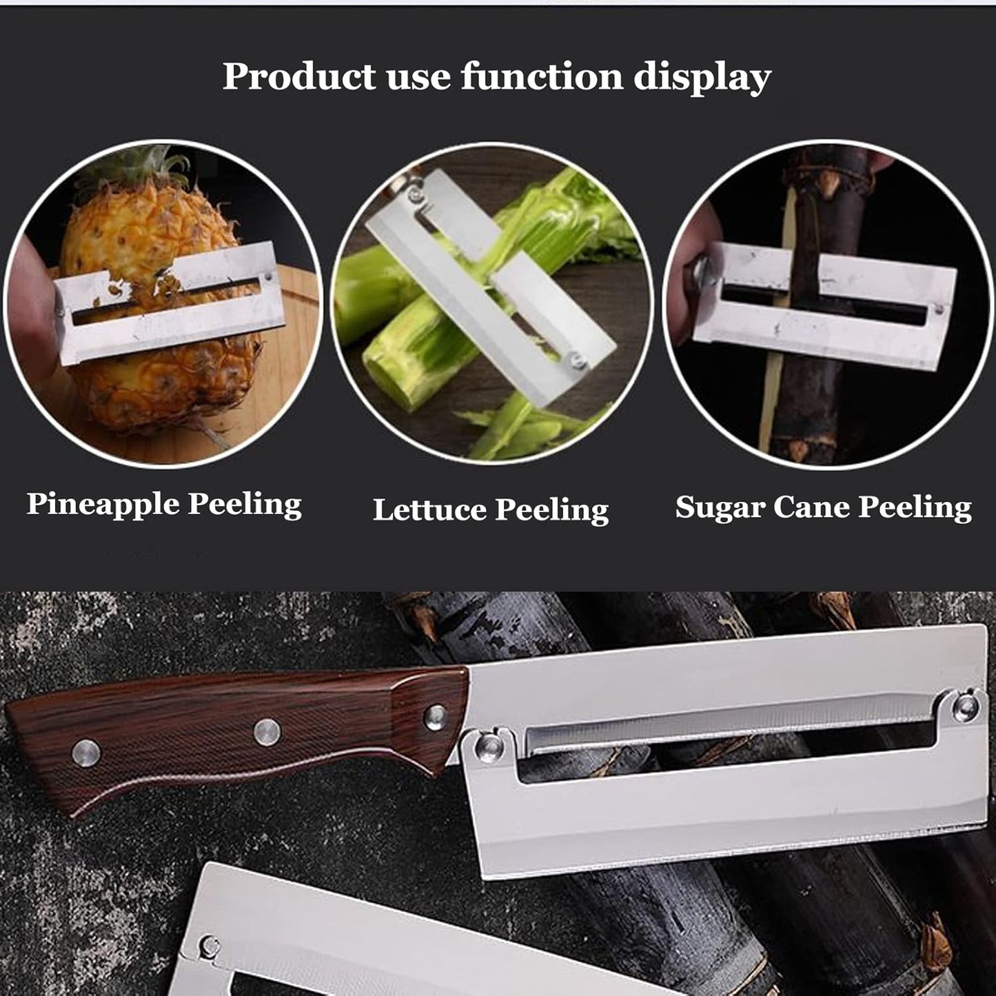 Sugar Cane & Pineapple Peeler, Paring Knife & Fruit Cutter, Stainless Steel Blade, Brown Plastic Handle
