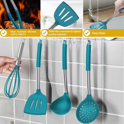 Silicone Cooking Utensil Set, Umite Chef 15pcs Silicone Cooking Kitchen Utensils Set, Non-stick - Best Kitchen Cookware with Stainless Steel Handle - Black Kitchen Utensils