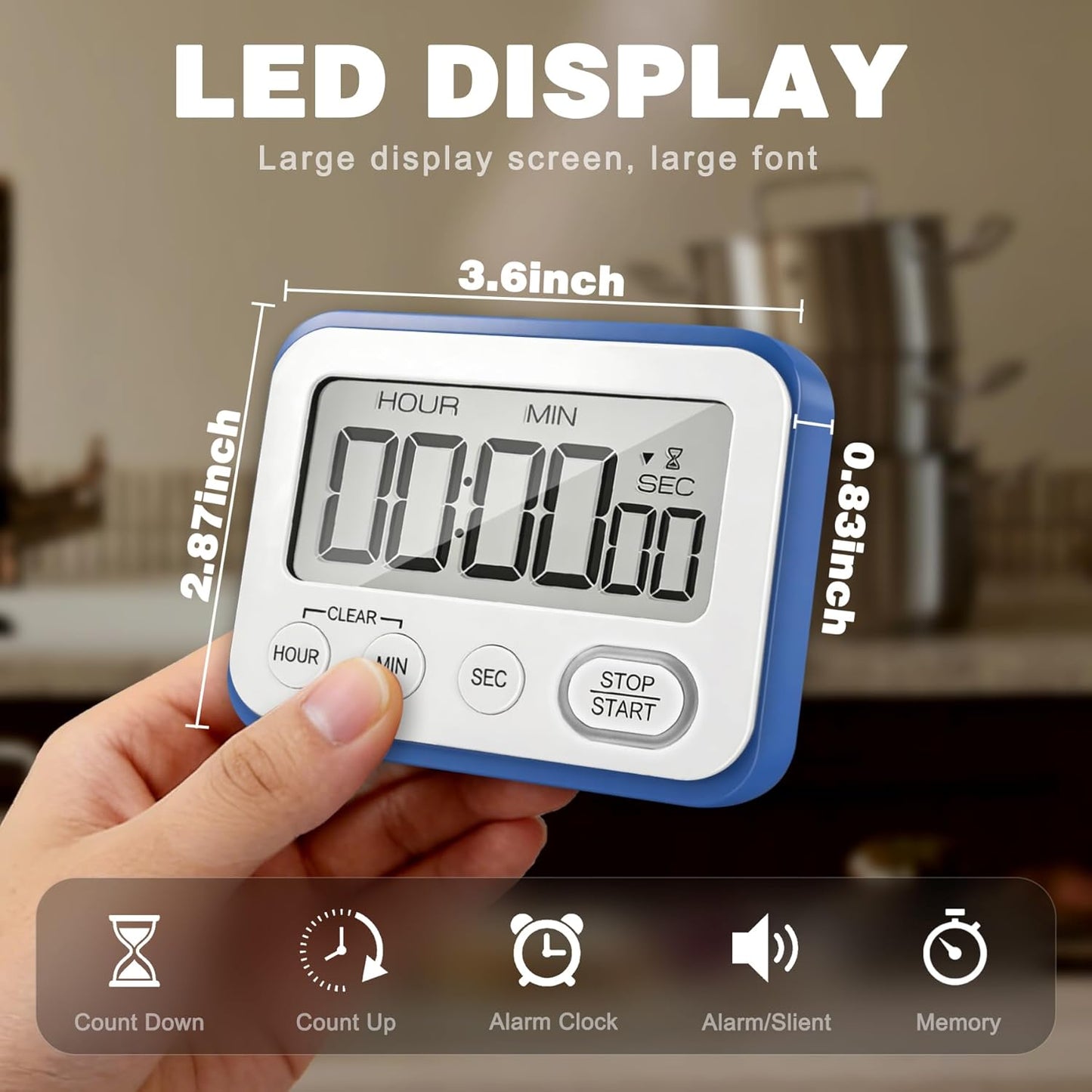 Digital Kitchen Timer Magnetic Loud Alarm, Large LCD Screen Silent/Beeping Multi-Function for Teachers Classroom Kids, Black