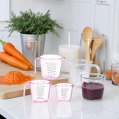 Cute Pink Plastic Measuring Cup - 3 Pack, Home Kitchen Cooking and Baking Seasoning Liquid Measuring Cups, Multiple Scale Identification, with Handle and Triangle Mouth (150ml, 300ml, 600ml)