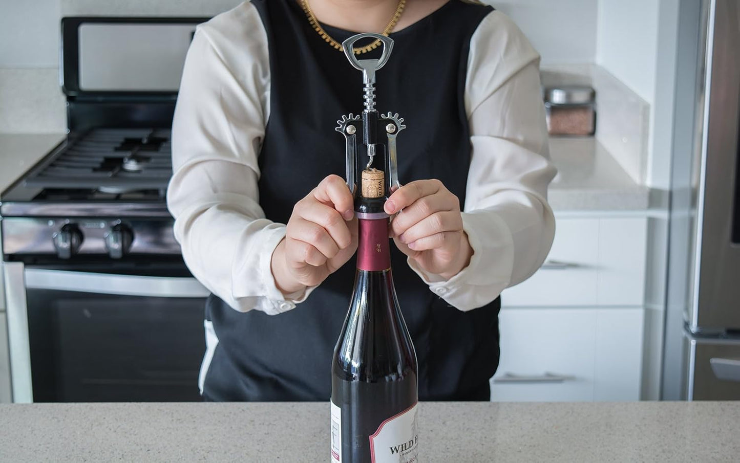 Evriholder Winged Corkscrew for Wine Bottles, Easy Manual Cork Remover, Multi-Purpose Opener for Beer and Soft Drinks, Ergonomic Handle, Stainless Steel, Dishwasher Safe, Black