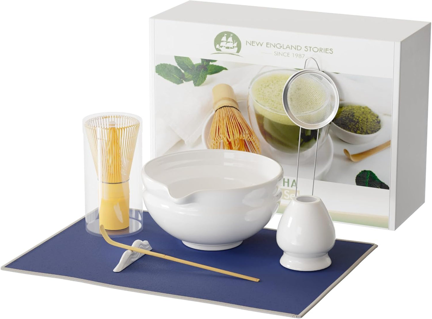 Matcha Whisk Set, Perfect Matcha Kit for Matcha Lovers Includes Ceramic Bowl, Bamboo Whisk, Holder, Scoop, Sifter & Cloth - 7 Pcs Matcha Kit