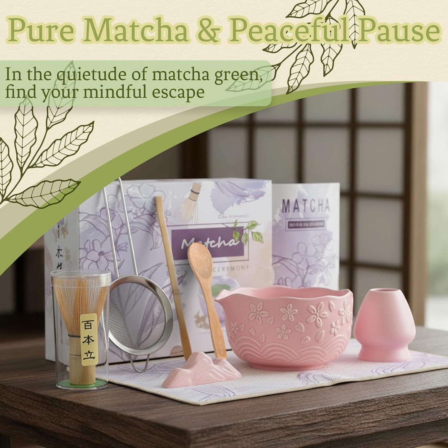 8 Pcs Matcha Whisk Set Chasen Matcha Whisk Bamboo Bowl with Spout Sifter Spoon Scoop Whisk Holder Bamboo Mat Complete Matcha Making Kit (Red Petal)