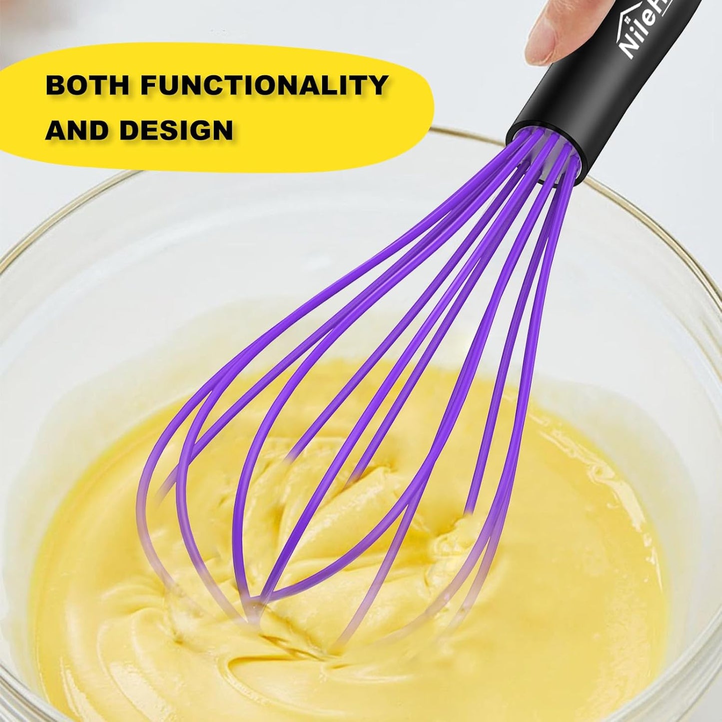 NileHome Silicone Whisk Set 8" 10" 12" Kitchen Whisk Kitchen Wisk Wire Whisks for Cooking, Whisking, Blending, Beating, Stirring-Black 3 Pack