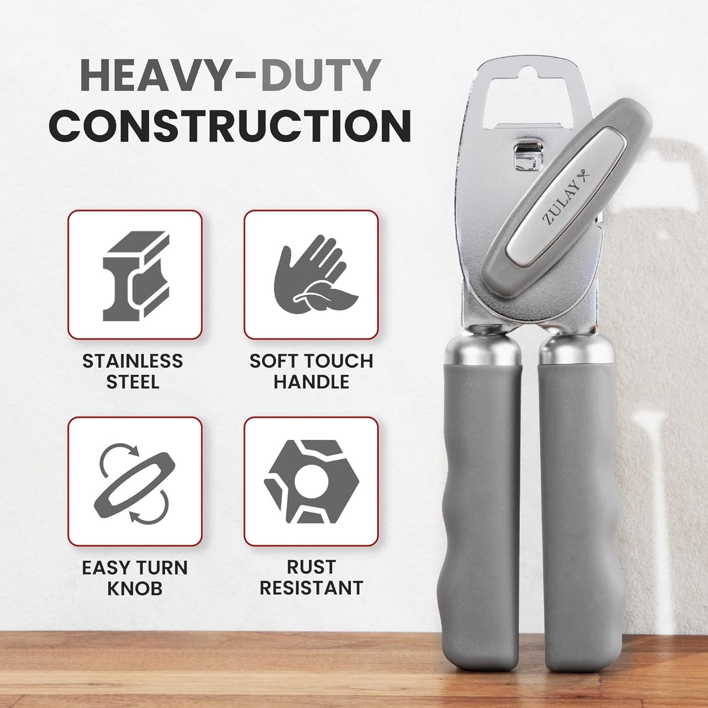 Zulay Kitchen Heavy Duty Stainless Steel Can Opener Manual with Bottle Opener - Rust Proof Manual Can Opener With Turn Knob & Comfy Soft Grip Handles - Cherry Red - Colors A