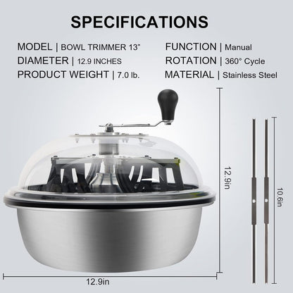 13 inch Leaf Bowl Trimmer, Bowl Trimmer with Switchable Stainless Steel Blades & Clear Visibility Dome, Hand Twist Spin Cutting Bud Trimmer for Buds, Flowers, Hydroponics Plants