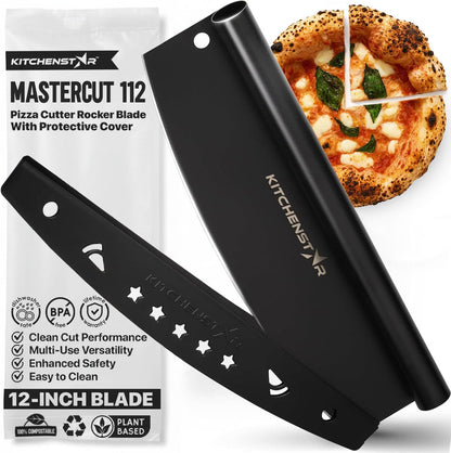 KitchenStar 14-Inch Pizza Cutter Rocker Blade - Sharp Stainless Steel Slicer Knife, Protective Cover, Dishwasher Safe, Large - Professional Pizza Oven Accessories
