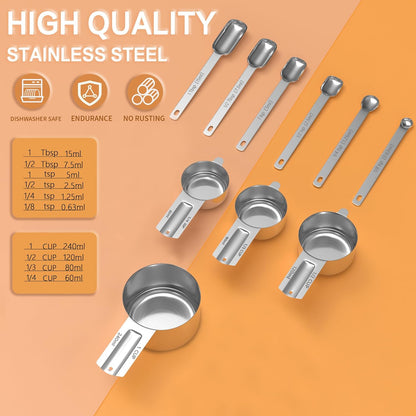 Magnetic Measuring Cups and Spoons Set, 7 Nesting Stainless Steel Measuring Cup Set with Easy to Read Markings, 7 Magnetic Measuring Spoons & 1 Leveler for Measuring Dry or Liquid Ingredients