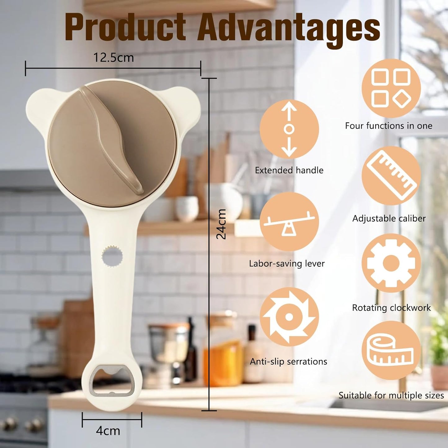 4 in 1 Multi-Purpose Jar Opener,Magnetic Stainless Steel Can Opener with Ergonomic Handle,Multi Size Lid Tool for Jars Cans Wine Bottles, Home Kitchen Helper(Beige)