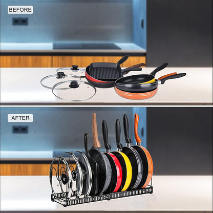 Toplife Pot Lids Organizer Rack for Cabinet and Countertop, 7+ Pan Lids and Bakeware Organizer Rack Holder with 7 Adjustable Compartments - Brown