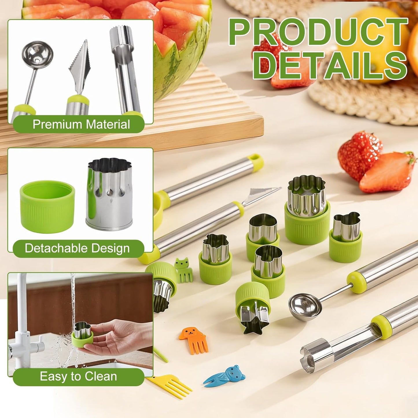 24 Pack Fruit Carving Tools Set Melon Baller Scoop Set, Vegetable Cutter Shapes with Cartoon Animals Food Picks for Kids Lunch, V Tool for Fruits Vegetable Sculpting