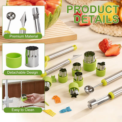 24 Pack Fruit Carving Tools Set Melon Baller Scoop Set, Vegetable Cutter Shapes with Cartoon Animals Food Picks for Kids Lunch, V Tool for Fruits Vegetable Sculpting