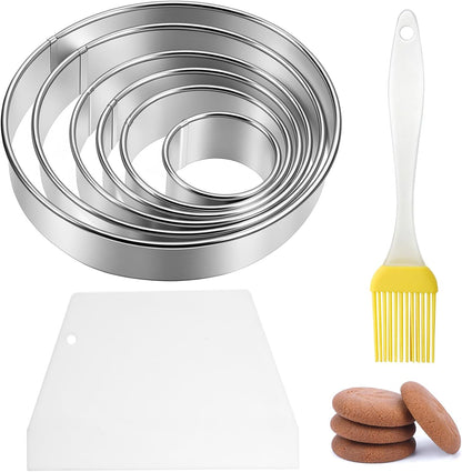 Circle Cookie Cutter 8 Piece Round Cookie Cutter & Scraper & Silicone Pastry Brush Set for Pastry,Donut,Fondant,Cake,Cookies, Diameter (2, 3, 3.7, 4.3, 5.3, 6 Inch)