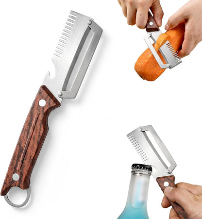 3 In 1 Multifunctional Vegetable Peeler for Kitchen, 2026 New Peeler with Thicken Wooden Handle And Bottle Opener Zero Flex Smooth Glide Potatoes Skin Heavy Duty Stainless Steel (2PCS)