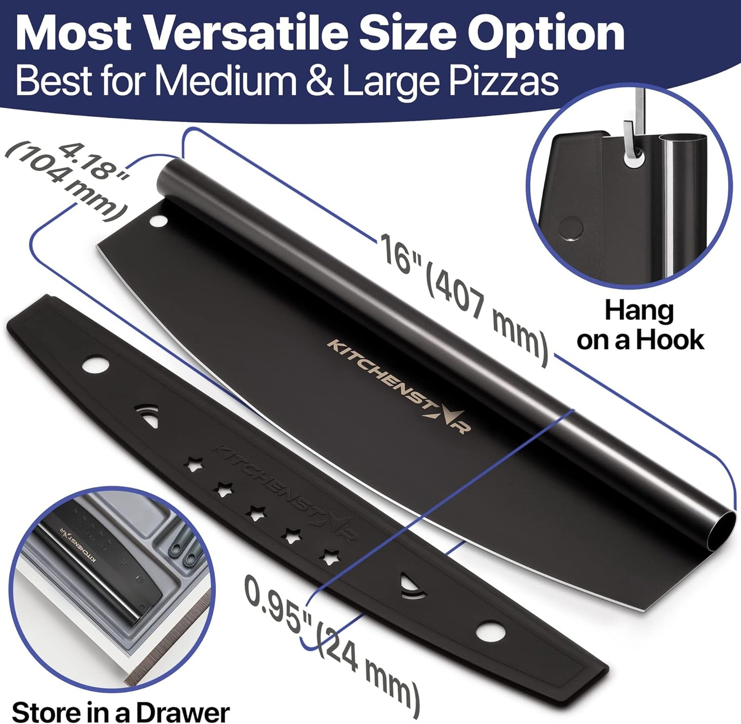 KitchenStar 14-Inch Pizza Cutter Rocker Blade - Sharp Stainless Steel Slicer Knife, Protective Cover, Dishwasher Safe, Large - Professional Pizza Oven Accessories