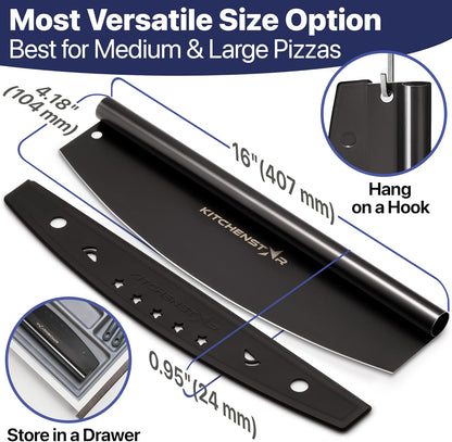 KitchenStar 14-Inch Pizza Cutter Rocker Blade - Sharp Stainless Steel Slicer Knife, Protective Cover, Dishwasher Safe, Large - Professional Pizza Oven Accessories