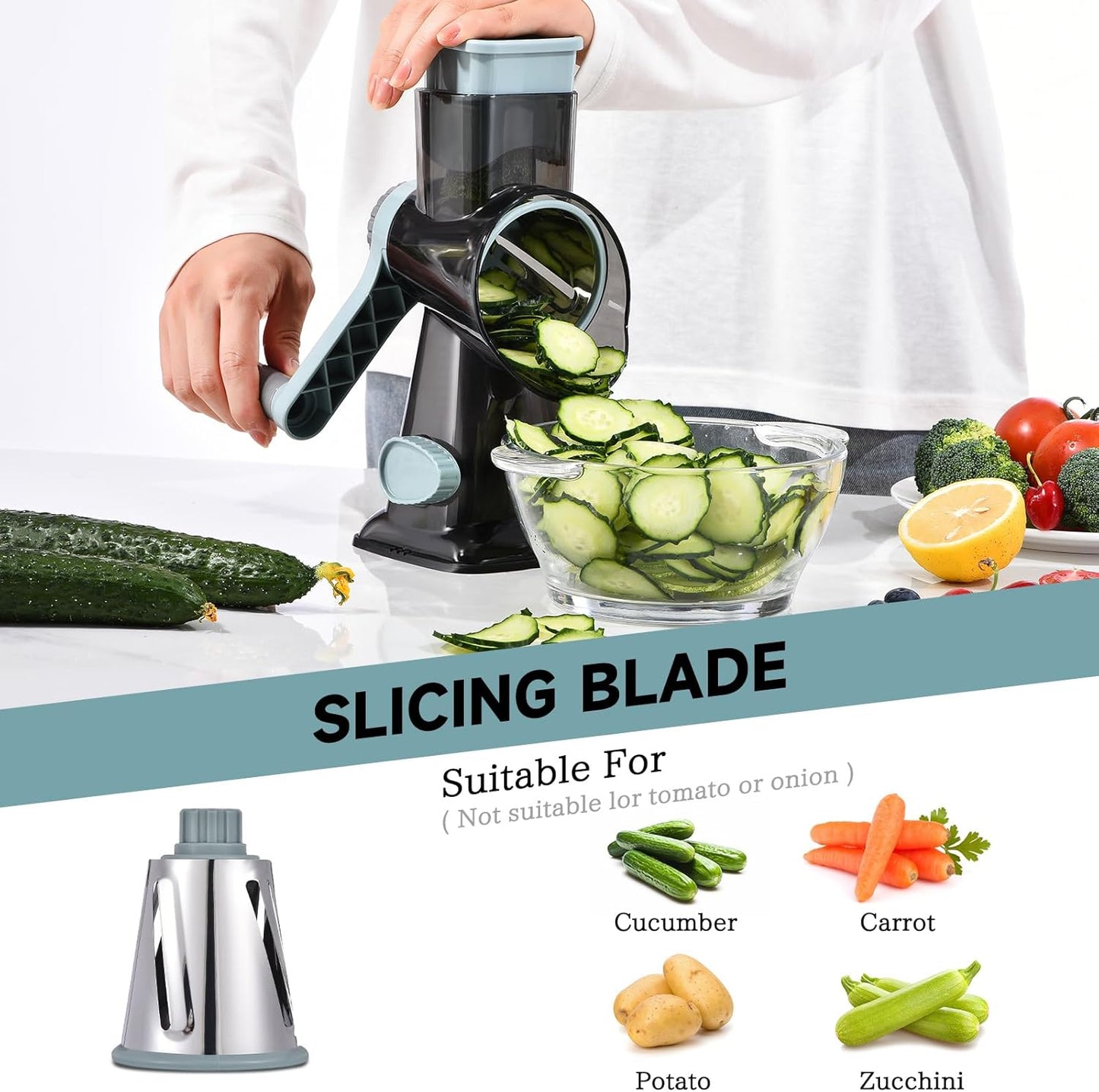 Rotary Cheese Grater with Handle Kitchen Shredder Slicer Grater Slicer Ice Shaver Cheese Vegetable Nuts Potato Zucchini Chocolate 3 Interchangeable Blades (Dark Grey TSP)