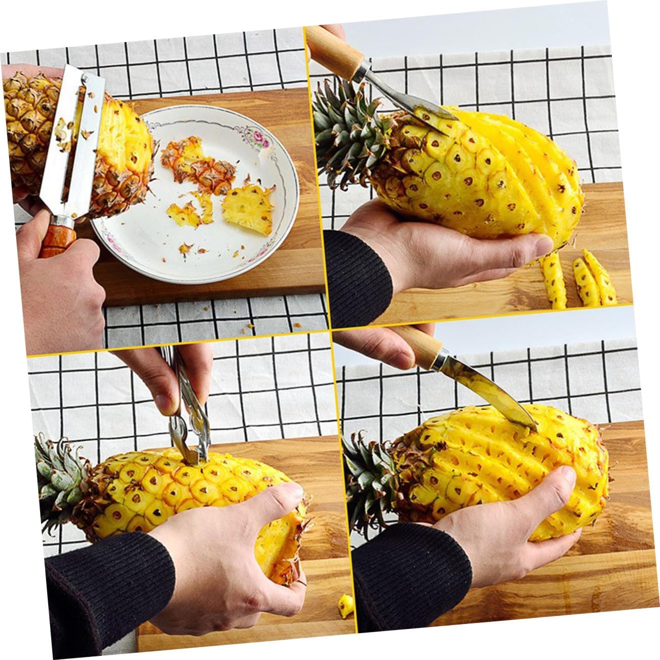 Cabilock 4pcs Stainless Steel Pineapple Slicer Fruit Stem Remover Corer Peeler Strawberry Huller Kitchen Gadgets