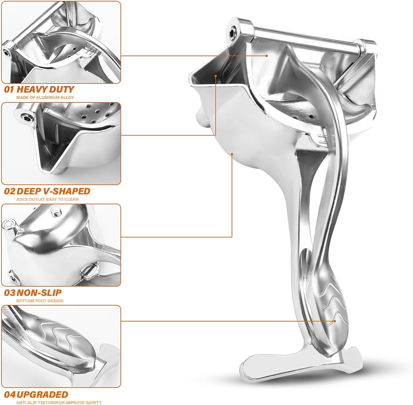 Lemon Squeezer Aluminium Alloy Manual Fruit Juicer, Citrus Juicer Hand Press Heavy Duty Manual Squeeze Extractor Tool for Pressing Lemons, Oranges, Pomegranates and Limes - Silver