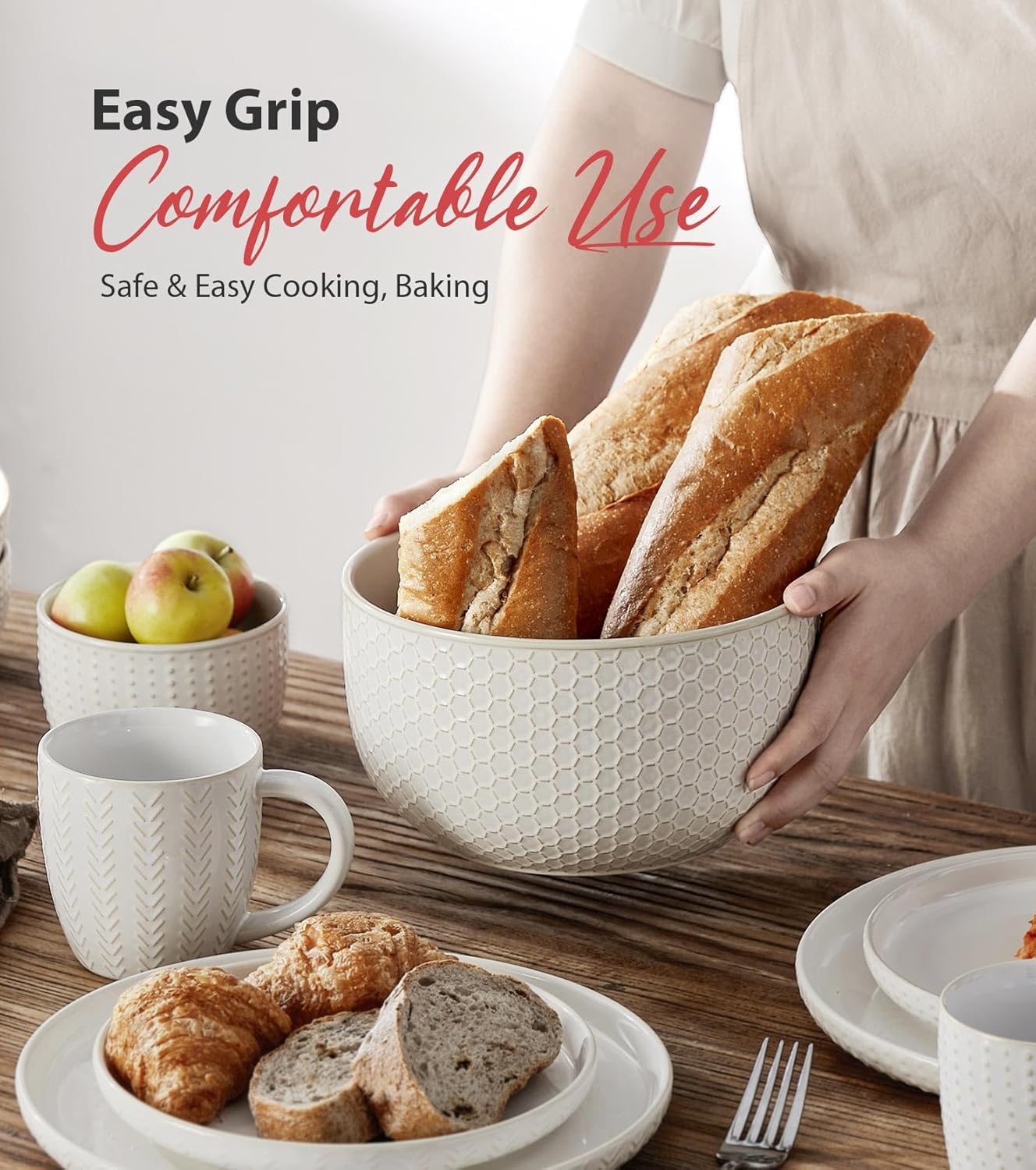 Lareina Ceramic Large Mixing Bowls Set of 4, Nesting Bowls for Cooking, Baking, Salad Etc, Serving Bowls, Mother's Day & Housewarming Gift, Microwave/Dishwasher Safe - 20/44/98/145 OZ, Ivory White