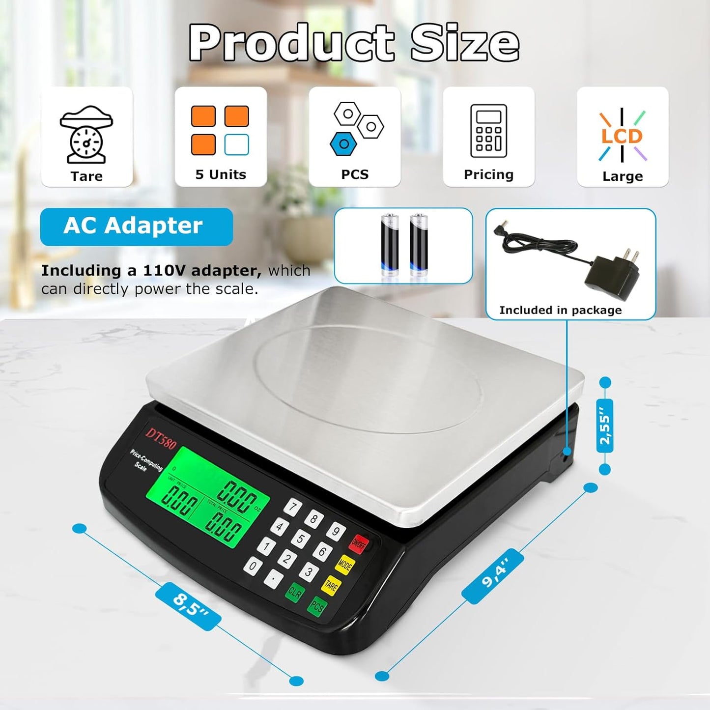 Large Digital Kitchen Scale 40kg/88lb Stainless Steel Price Computing Scale Counting Scale Deli Scale with LCD Display for Baking Bread Cooking Meat Prep Parts and Coins Adapter Included