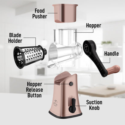 Zulay Kitchen Rotary Cheese Grater 5 Blade Cheese Shredder - Manual Hand Crank Cheese Grater With Reinforced Suction & 5 Interchangeable Drums - Easy to Use, Vegetable Chopper Round Mandoline Slicer - Colors A