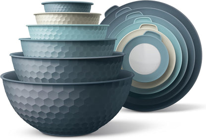 COOK WITH COLOR Mixing Bowls with Lids - 12 Piece Plastic Nesting Bowls Set includes 6 Prep Bowls and 6 Lids, Microwave Safe Mixing Bowl Set, Sage Embossed - Colors A