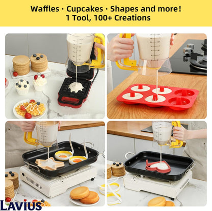 5-Piece Griddle Breakfast Kit | Pancake Batter Dispenser with Sturdy Handle and 4 Silicone Egg Rings | Perfect for Blackstone Griddles, Outdoor Grilling, Camping & Home Kitchen