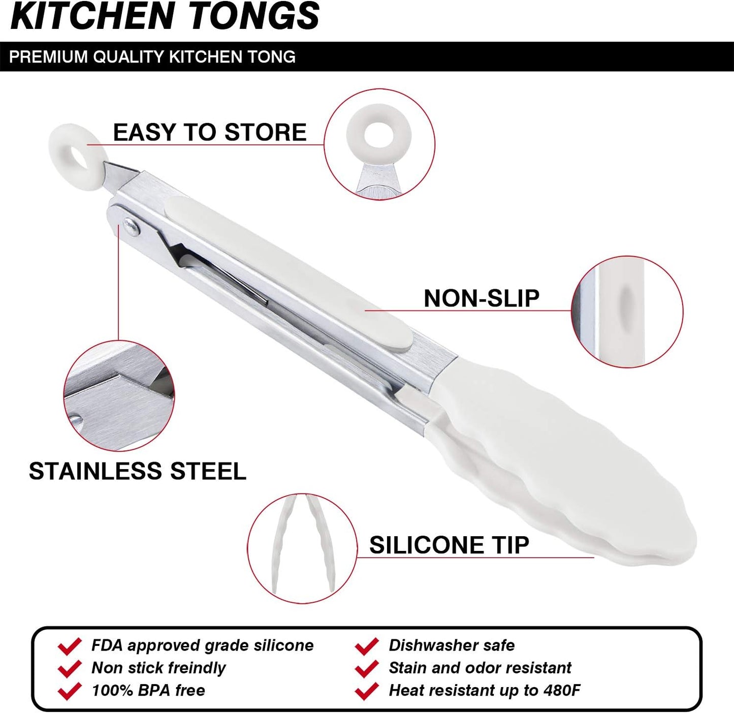 7 inch Cooking Tongs, MSY BIGSUNNY Set of 3 Mini Kitchen Tongs Silicone Serving Tongs With Silicone Tips for FoodGrill, Salad, BBQ (Snow White)