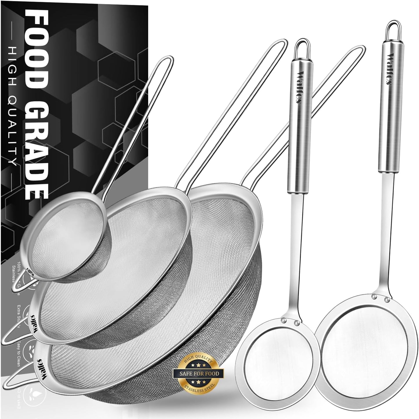 Walfos Fat Skimmer Spoon, 304 Stainless Steel Fat skimmer For Cooking, Fine Mesh Strainer, Food Strainer Fit For Separation Of The Floating Foam, Fat, Grease - Set of 2 Sise